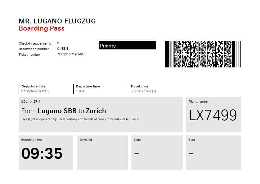 Swiss Flugzug Lugano Zürich Business Class Boarding Pass