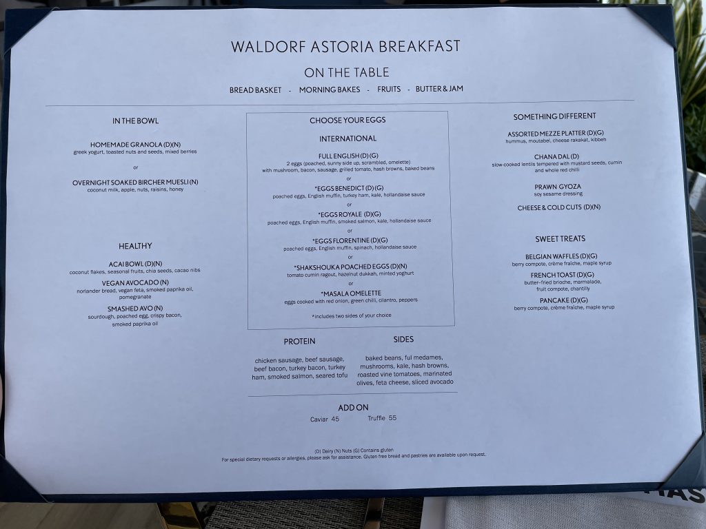 Waldorf Astoria Dubai International Financial Centre Frühstückskarte