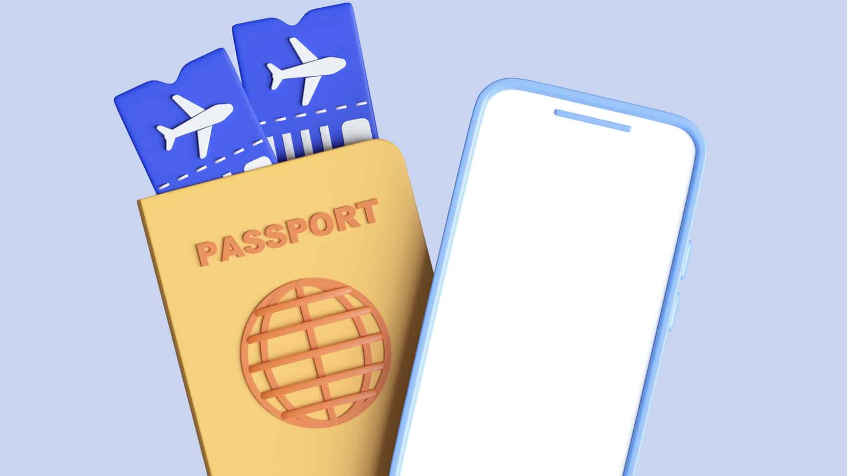 Passport And Airplane Ticket With Mobile Phone. Travel Online Booking Service On Mobile. 3d Render Illustration
