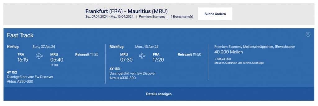Discover Airlines Meilenschnäppchen Verfügbarkeit Mauritus