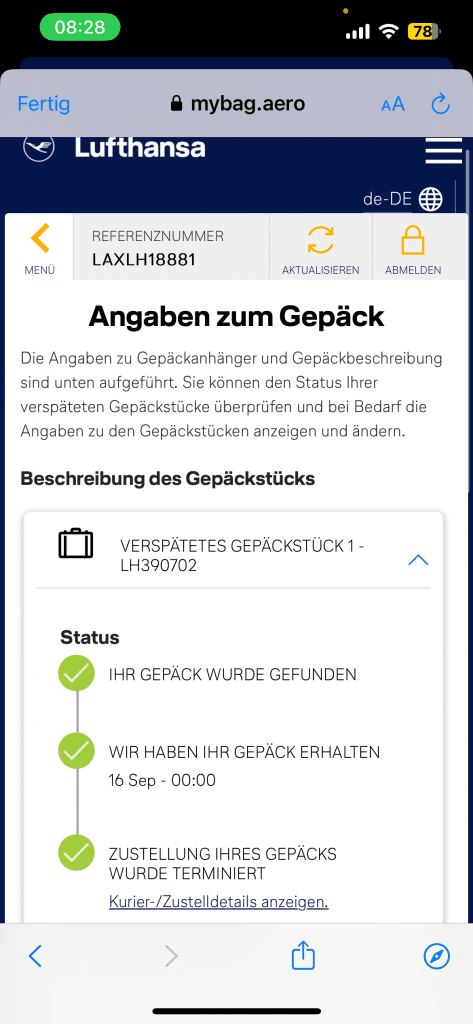 Lufthansa Gepaeckverspaetung Statusinformation