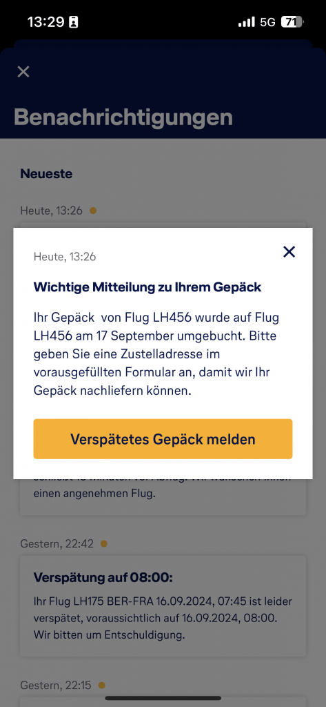 Nachricht Gepaeck Umbuchung Lufthansa