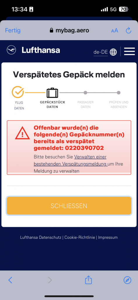 Probleme Meldung Verspaetetes Gepaeck Lufthansa