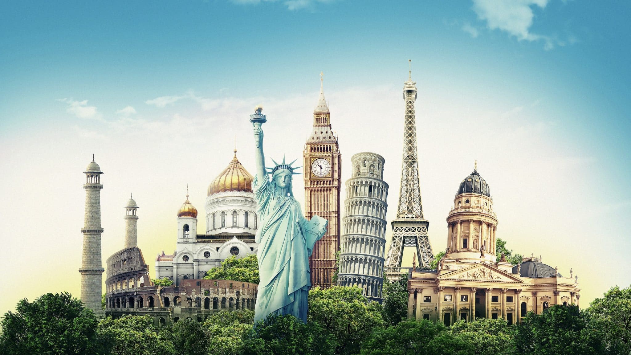 Travel Illustration World's Famous Landmarks And Tourist Destinations Elements In Colorful Background. 3d Illustration.