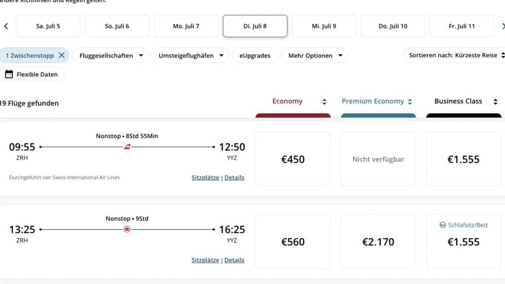 Beispiel Air Canada Schweiz Flugdeal