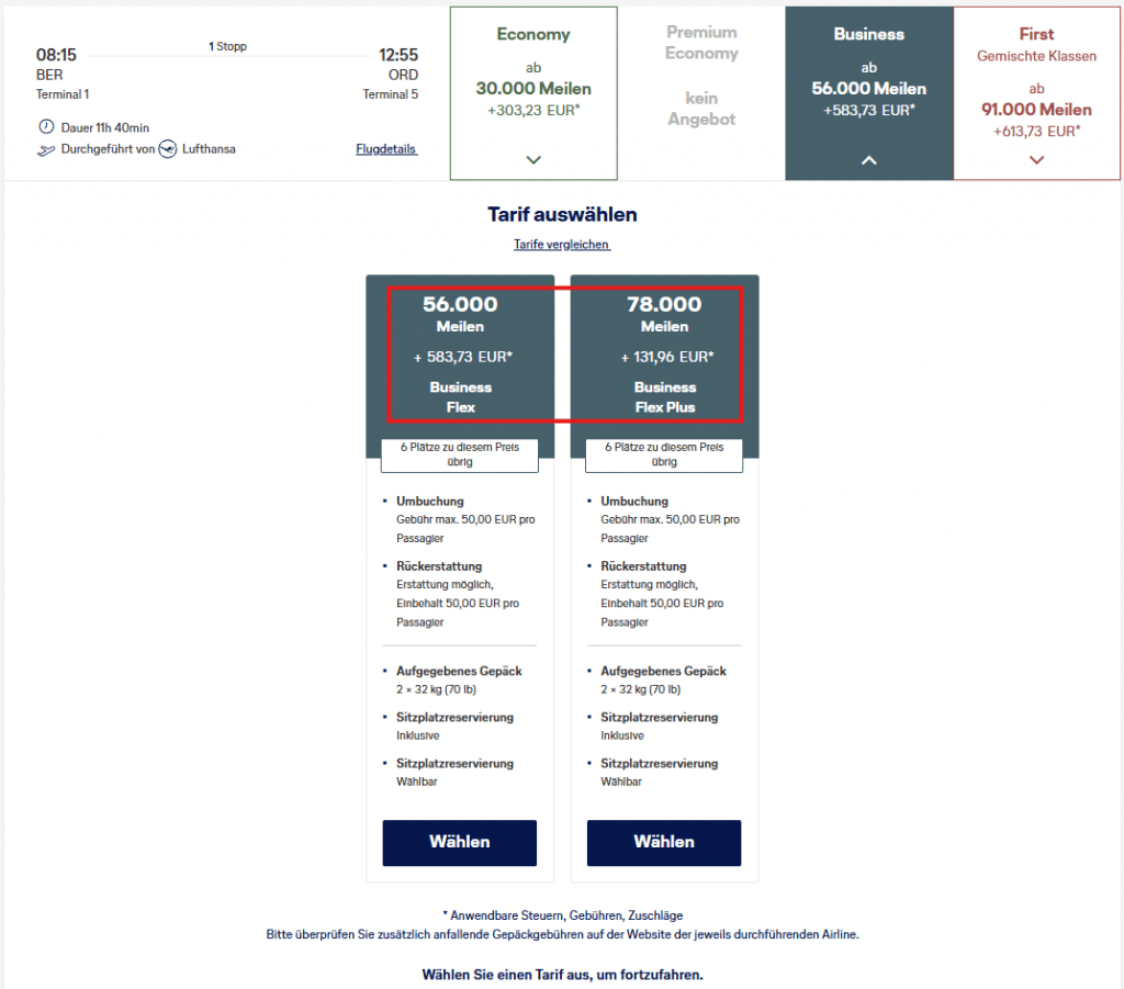 Miles More Award Flight BER ORD Business LH
