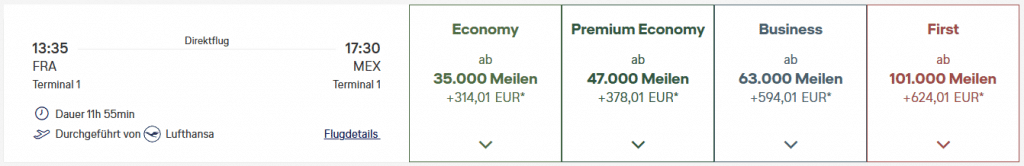 Miles More Award Flight FRA MEX First Class LH
