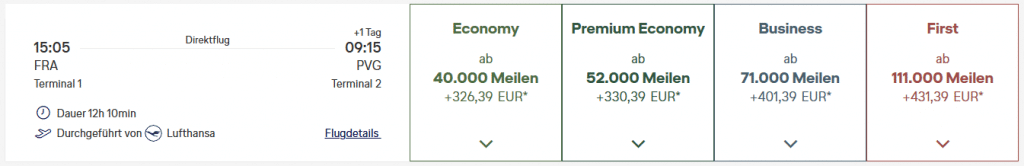 Miles More Award Flight FRA PVG First LH