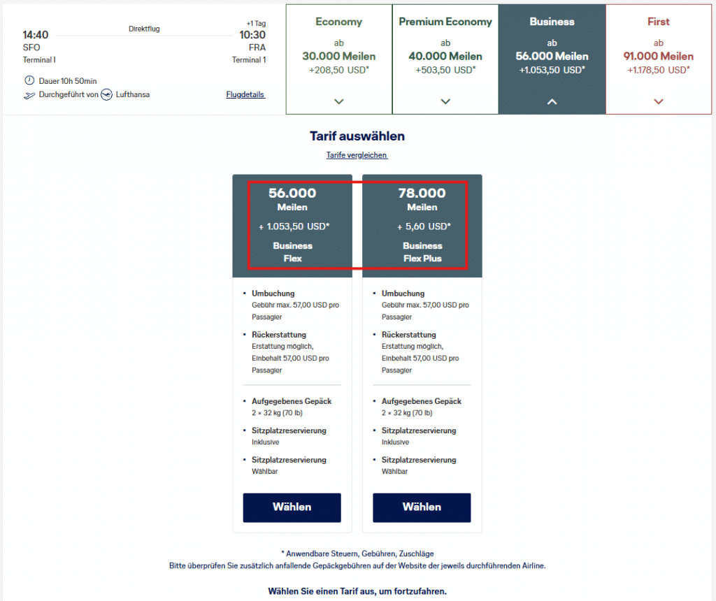 Miles More Award Flight SFO FRA Business LH