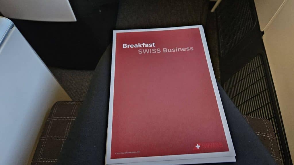 Swiss 777 300 Business Class Fruehstueckskarte