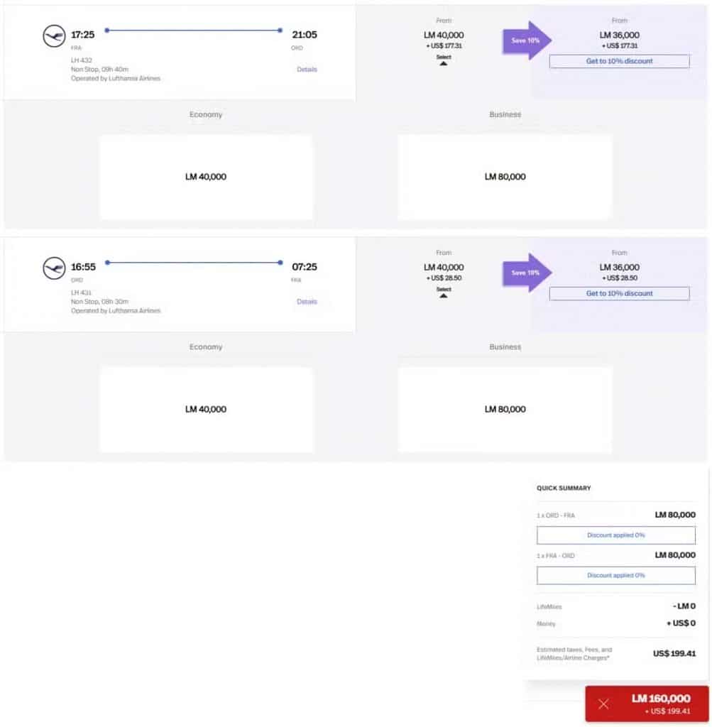 Avianca LifeMIles Beispiel Meilenflug FRA LAX FRA Inkl. Steuersumme
