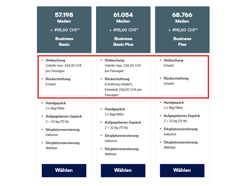 Award Flights Beispiel LX Dynamisches System Vergleich Tarife