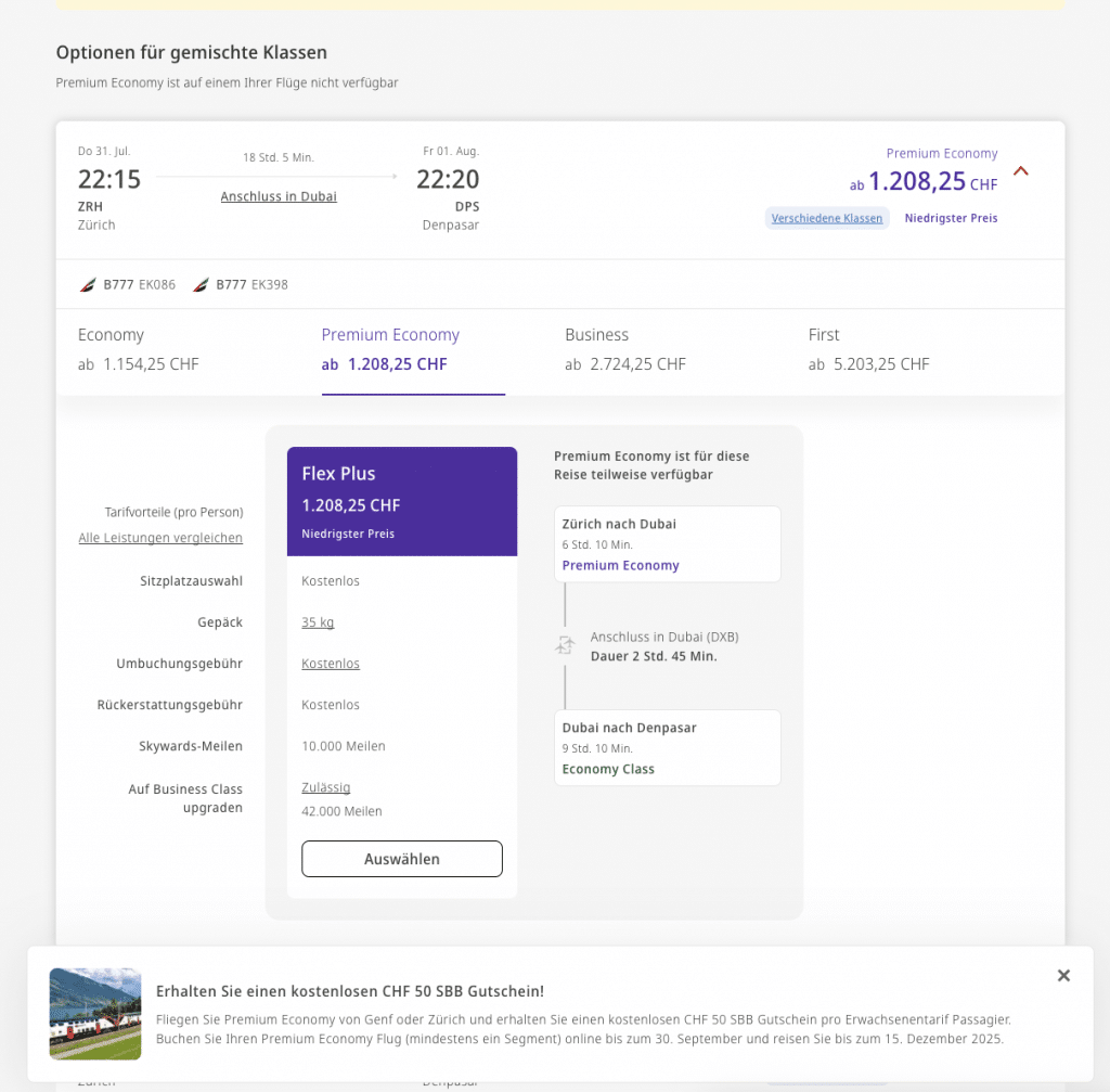Beispiel Premium Economy Emirates Schweiz