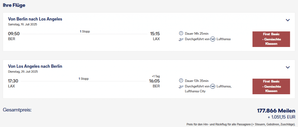 Miles More Award Flight BER LAX BER First Class