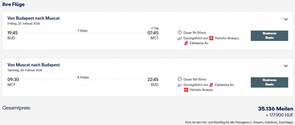 Miles More Award Flight BUD MCT BUD Business Class