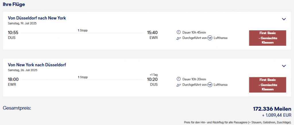 Miles More Award Flight DUS EWR DUS First Class