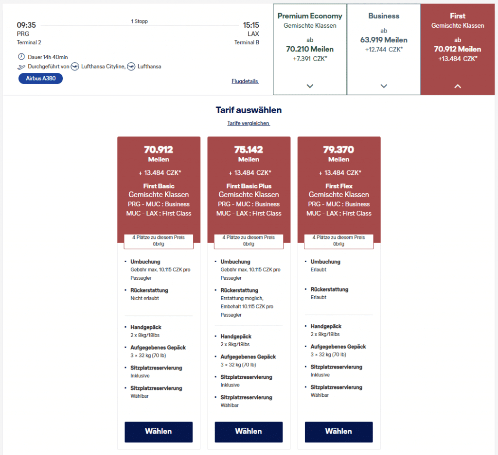 Miles More Award Flight PRG LAX PRG First Class Tarifbedingungen