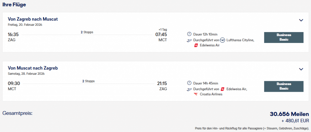 Miles More Award Flight ZAG MCT ZAG Business Class