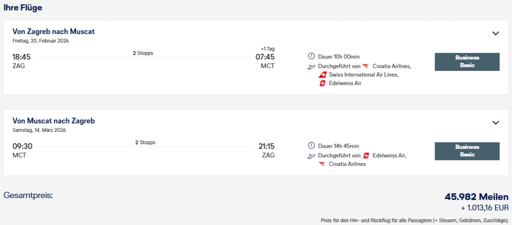 Miles More Award Flight ZAG MCT ZAG Business Class Companion Award