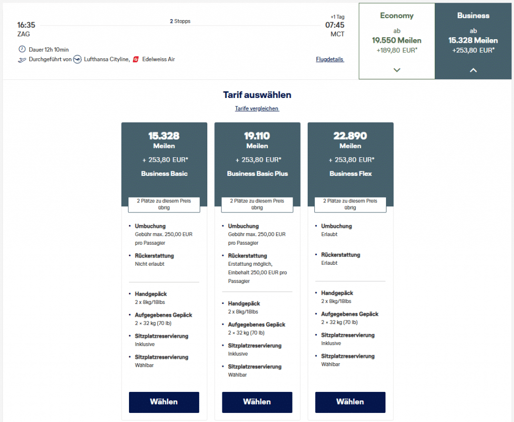 Miles More Award Flight ZAG MCT ZAG Business Class Tarifklassen