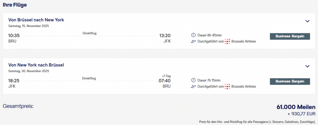 Award Flight MS Aug 2025 BRU JFK Business Class Brussels Airlines