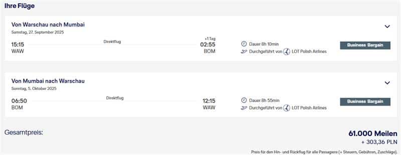 Award Flight MS Aug 2025 WAW BOM Business Class LOT
