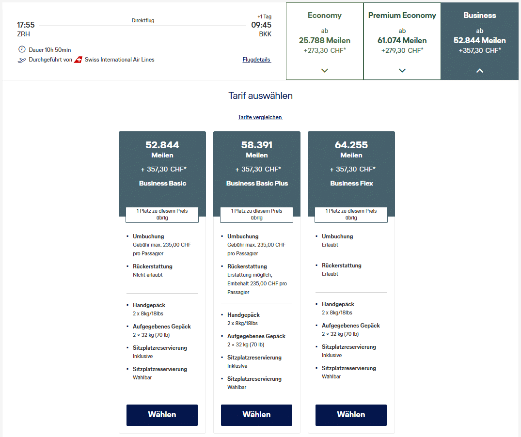 Award Flight Swiss ZRH BKK Business Class MIles More Tarifauswahl