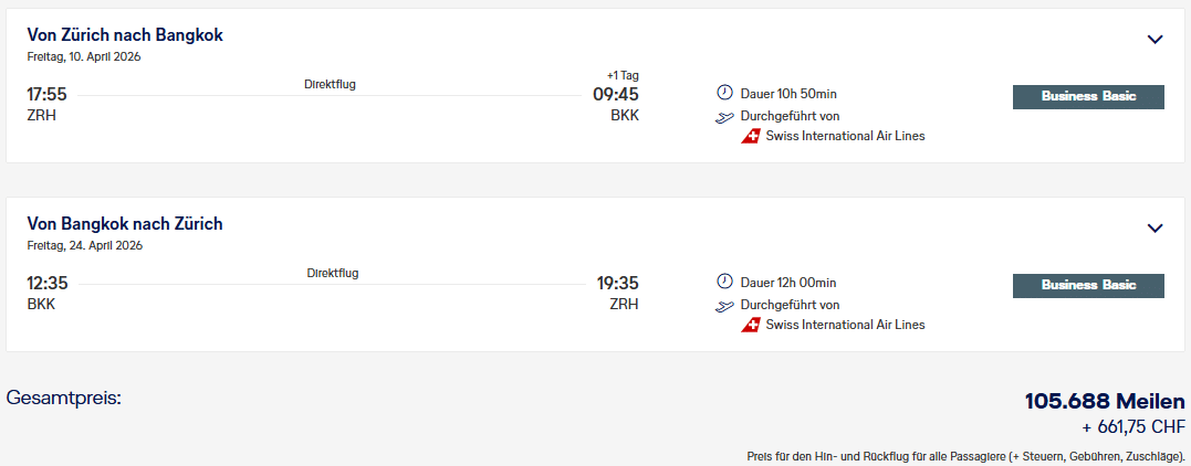Award Flight Swiss ZRH BKK Business Class MIles More