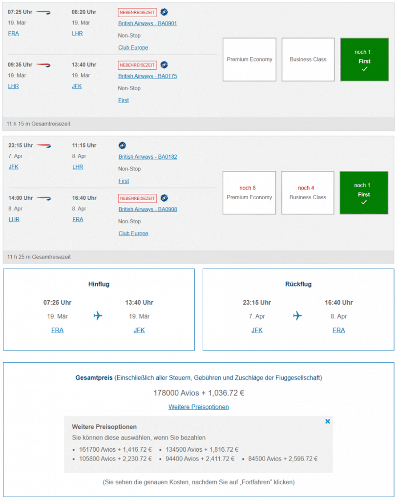 BA Avios First Class FRA LHR JFK NebenreisezeitHauptreisezeit Saver 813x1024 1