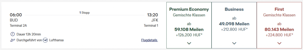 Miles More Award Flight BUD JFK First Class August 2025
