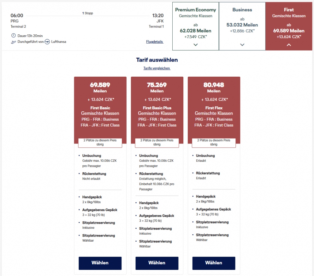 Miles More Award Flight PRG JFK PRG First Class August 2025 Tarife