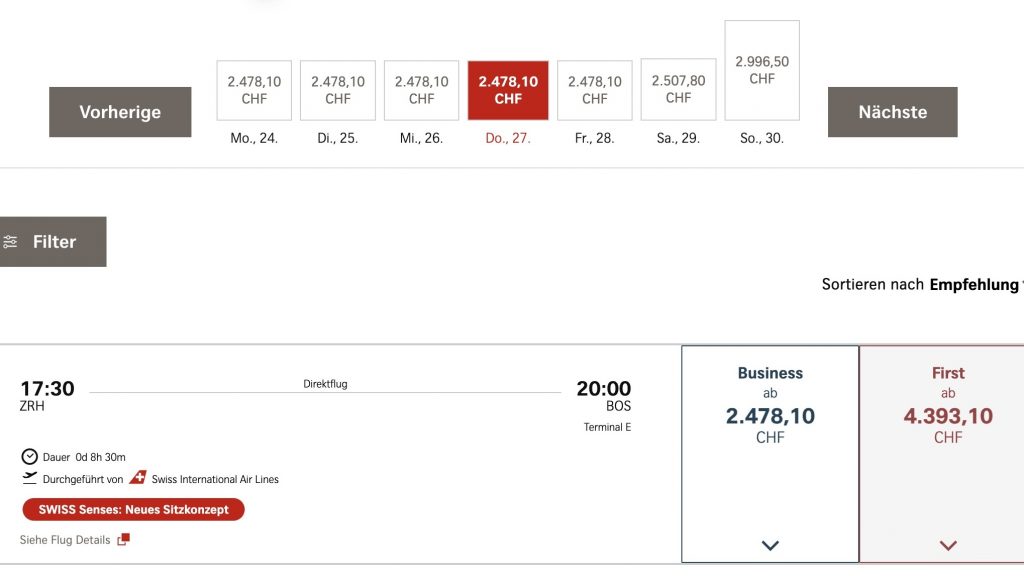 Swiss Senses A350-900 Flug Zürich Boston 