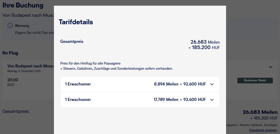 Award Flight LX WK BUD MCT Business Class Miles More Companion