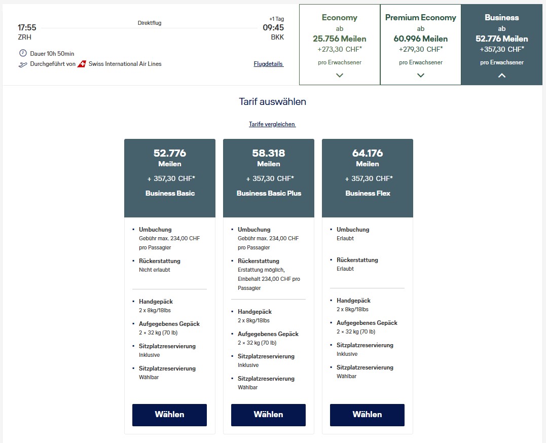 Award Flight Swiss ZRH BKK Business Class Miles More Tarif