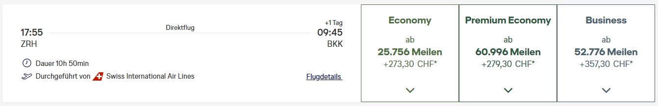 Award Flight Swiss ZRH BKK Business Class Miles More