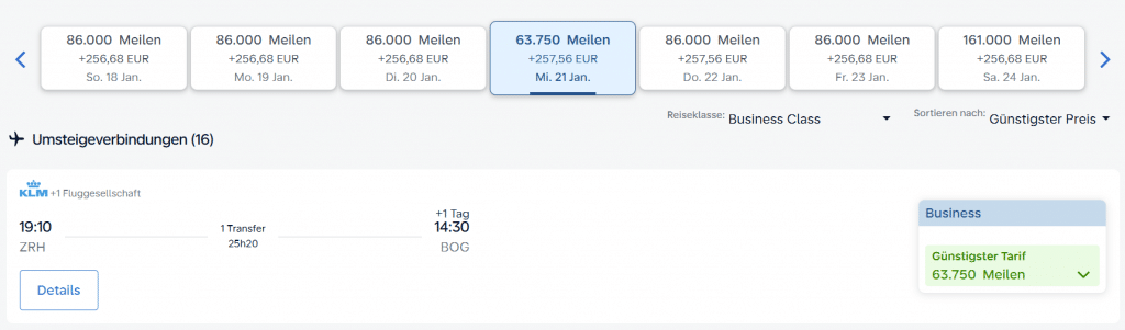 Flying Blue Business Promo Award ZRH BOG KLM September 2025