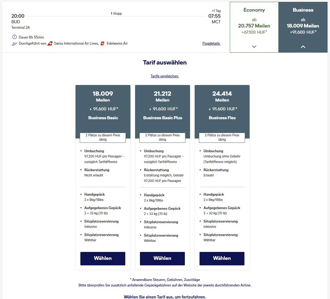 Award Flight BUD MCT Edelweiss Business Class Miles More Tarife