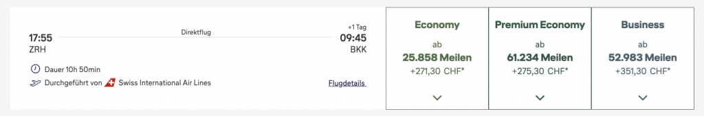 Award Flight Swiss ZRH BKK Business Class Miles More