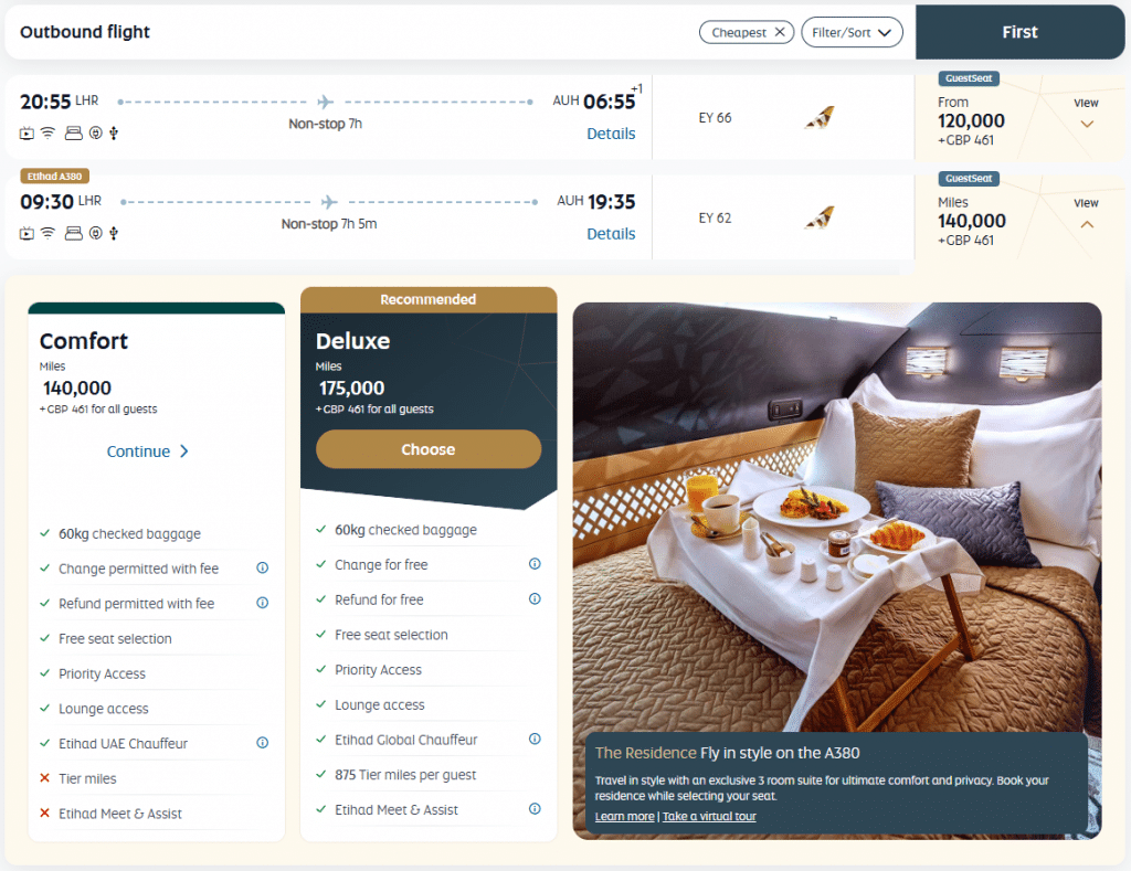Etihad Guest Award LHR AUH First Class The Residence A380