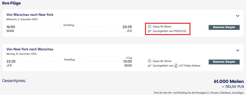 Miles More MS LOT WAW JFK Business Class PRIVILEGE