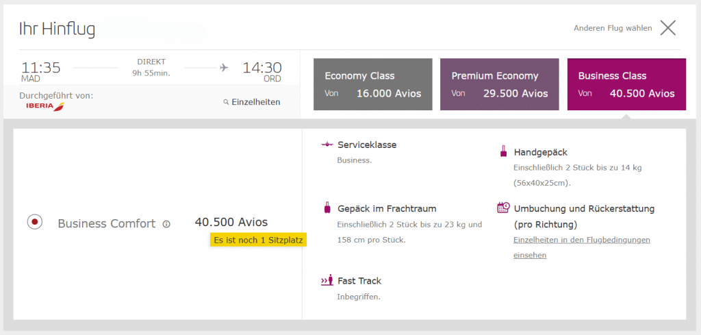 IB Award Flight MAD ORD Business Class Iberia