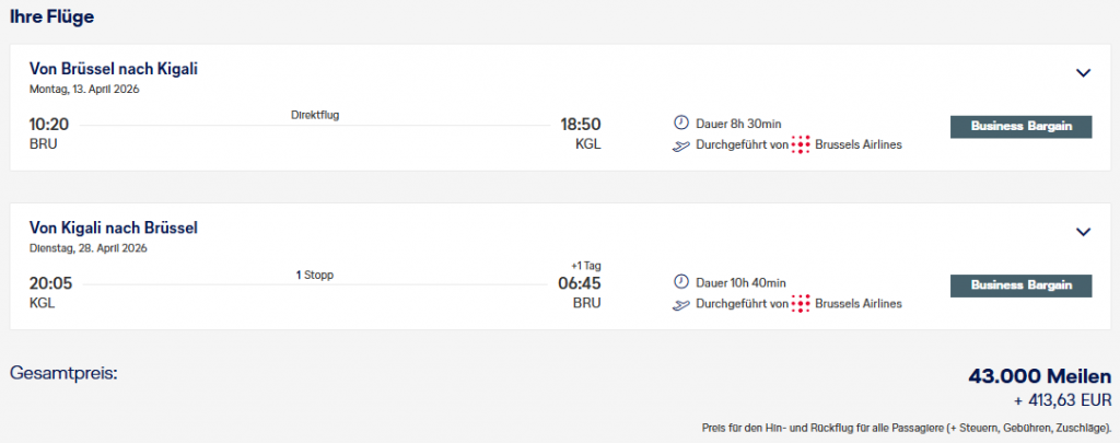 Miles More MS Brussels BRU KGL Business Class