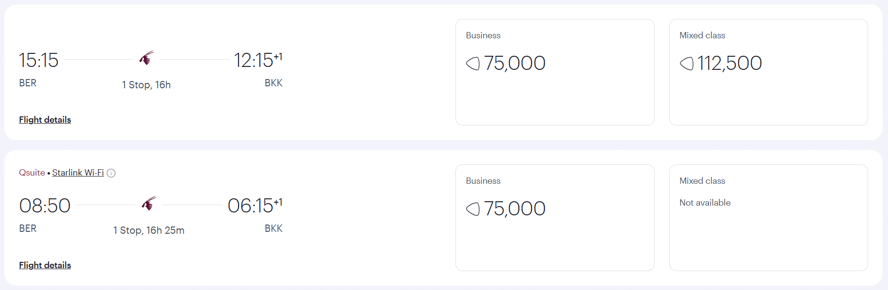 QR Award Flight BER BKK Business Class Qatar Airways Privilege Club