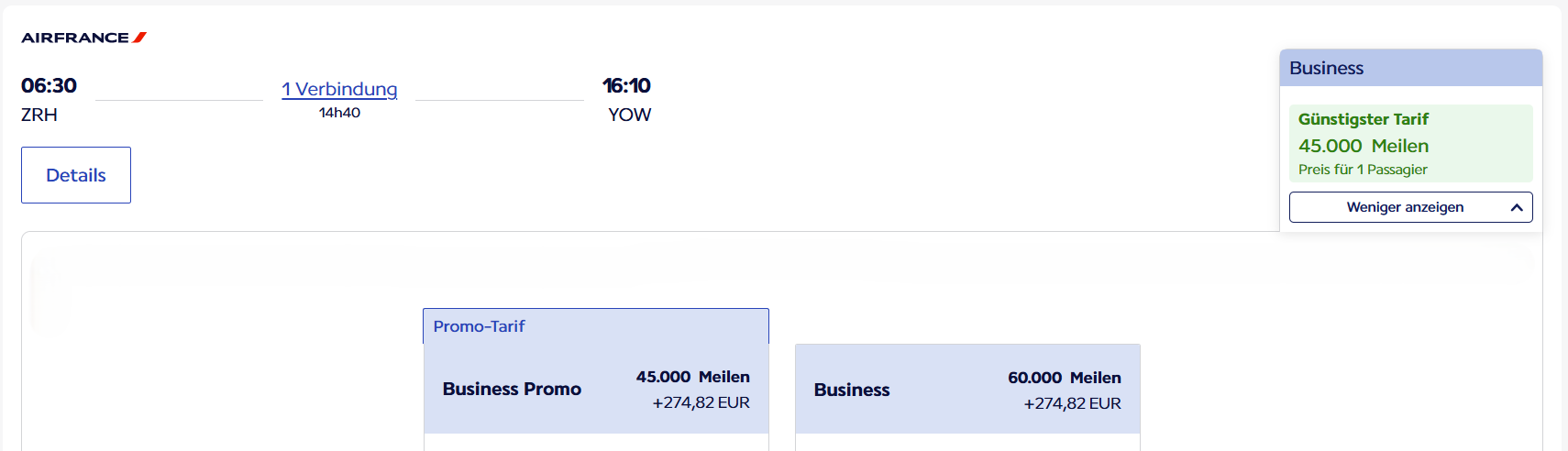 Beispiel Flying Blue Promo Awards ZRH YOW