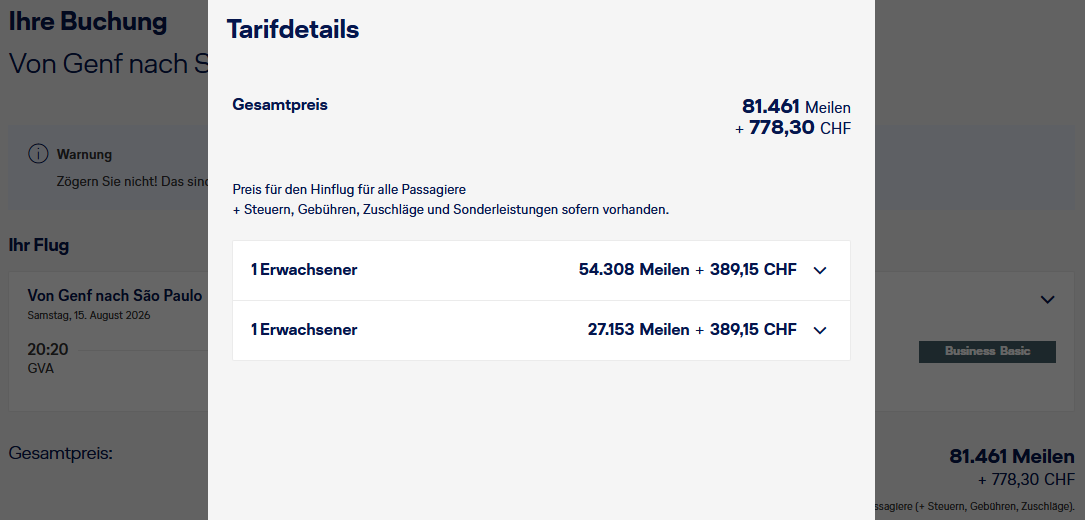 Miles More Award Flight GVA GRU Business Class SWISS Companion