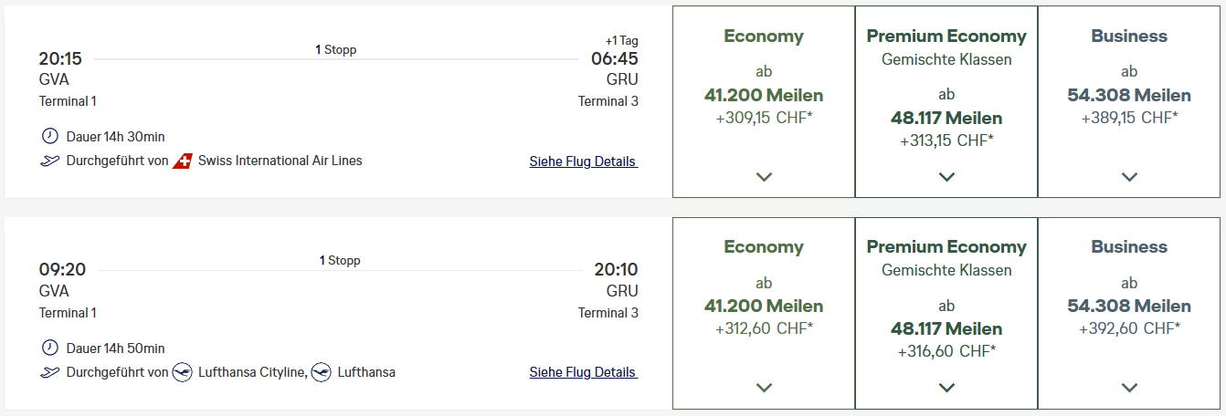 Miles More Award Flight GVA GRU Business Class SWISS