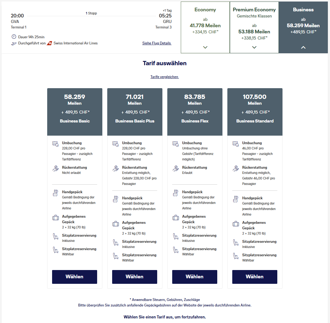 Miles More Award Flight GVA GRU Business Class SWISS Tarife Update