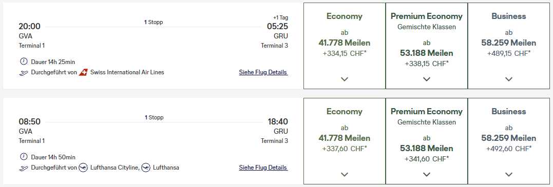 Miles More Award Flight GVA GRU Business Class SWISS Update