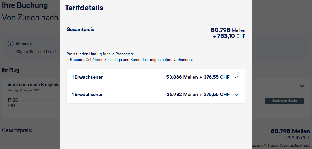 Miles More Award Flight ZRH BKK Business Class Swiss Companion Update Mar