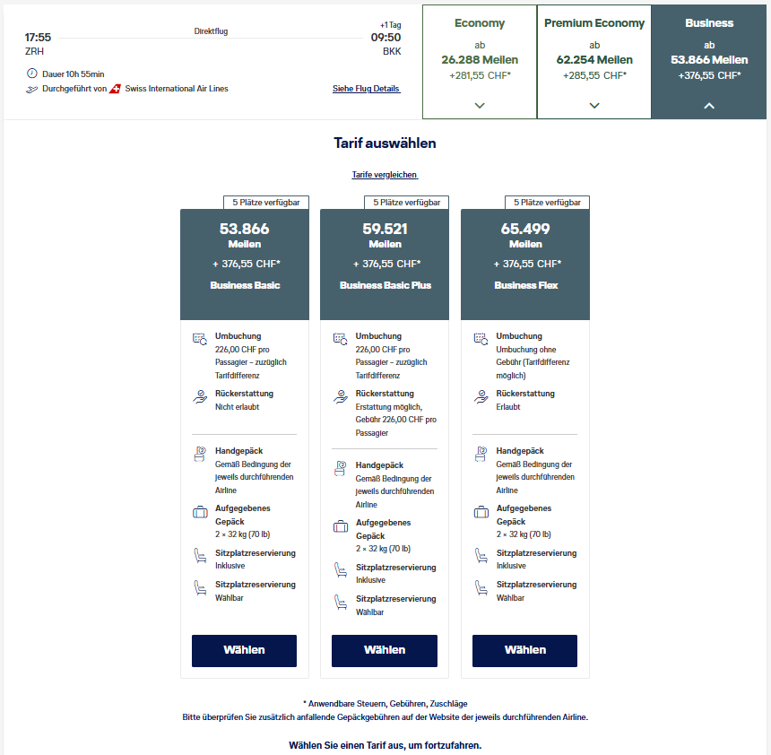 Miles More Award Flight ZRH BKK Business Class Swiss Tarife Update Mar